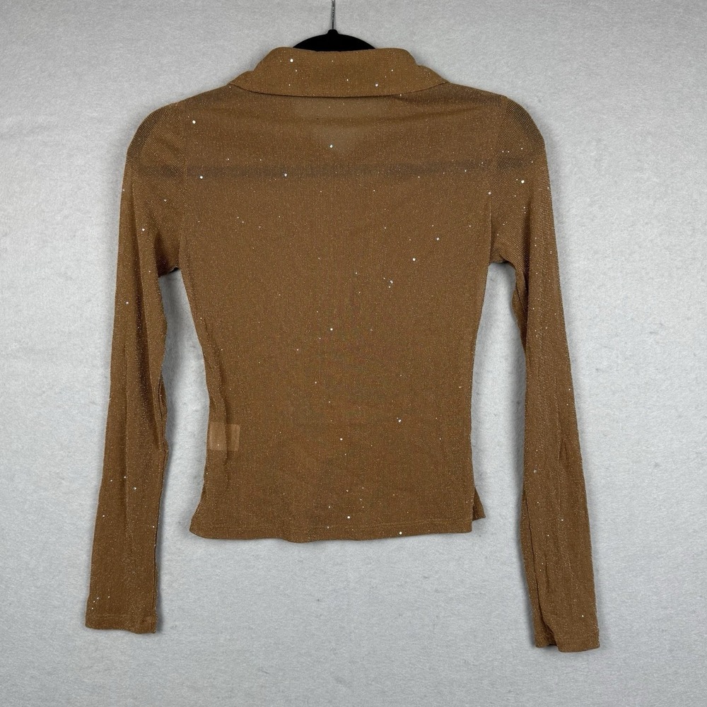 White Fox Womens Tan Sheer Sparkle Long Sleeve Button Up Y2K Top Sz M Whimsygoth - Picture 4 of 6